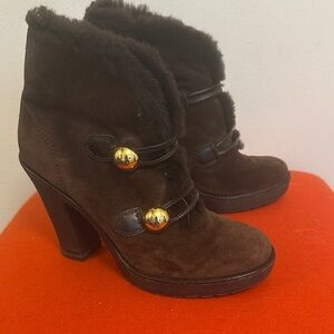 Coach Brown Suede shearling Heeled Boots with Gold Accents size 5.5